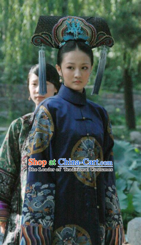 Ancient Chinese Qing Dynasty Manchu Princess Consort Embroidered Historical Dress Costume for Women