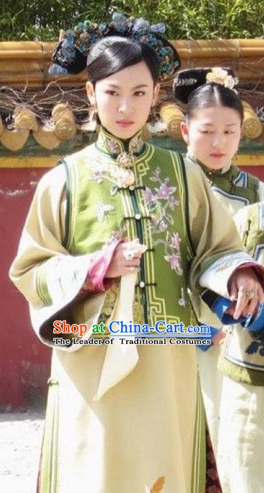 Chinese Ancient Qing Dynasty Hong Taiji Imperial Concubine Embroidered Manchu Dress Historical Costume for Women