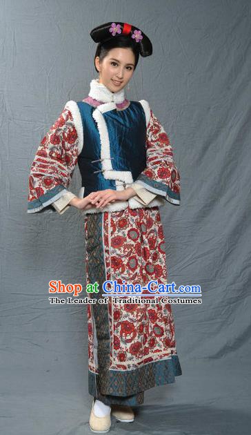 Chinese Qing Dynasty Manchu Court Maid of Kangxi Historical Costume Ancient Palace Lady Clothing for Women