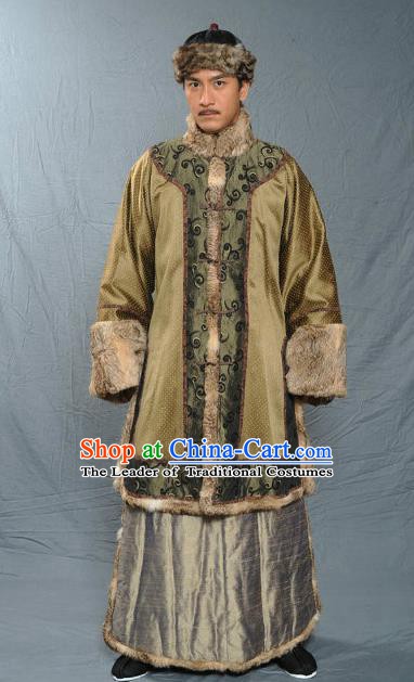 Chinese Qing Dynasty Royal Prince Historical Costume Ancient Manchu Royal Highness Clothing for Men