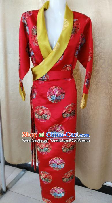 Chinese Tibetan Nationality Costume, Traditional Zang Ethnic Minority Red Tibetan Robe for Women