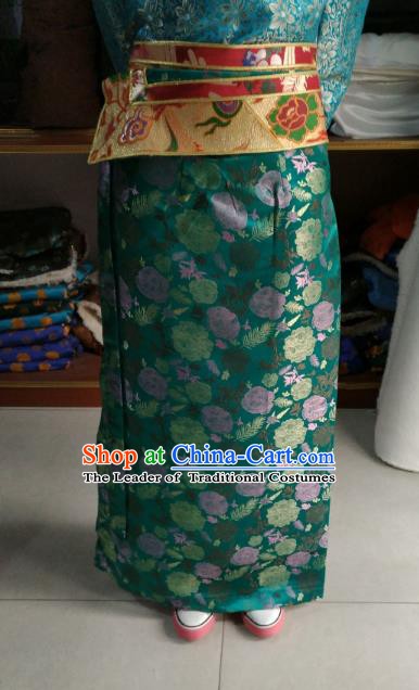 Chinese Tibetan Nationality Costume Green Skirt, Traditional Zang Ethnic Minority Clothing for Women