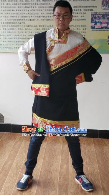 Traditional Chinese Zang Nationality Costume, Tibetan Ethnic Minority Black Tibetan Robe for Men