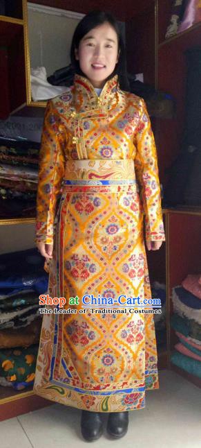 Chinese Tibetan Nationality Costume Golden Tibetan Robe, Traditional Zang Ethnic Minority Clothing for Women