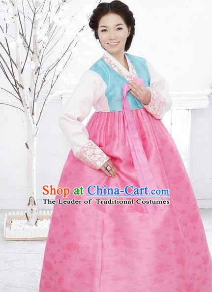 Korean Traditional Bride Hanbok Clothing Blue Blouse and Pink Skirt Korean Fashion Apparel Costumes for Women