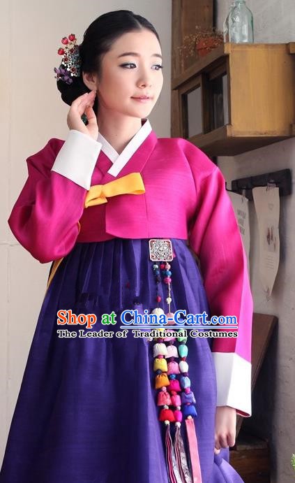 Korean Traditional Bride Palace Hanbok Clothing Rosy Blouse and Purple Dress Korean Fashion Apparel Costumes for Women