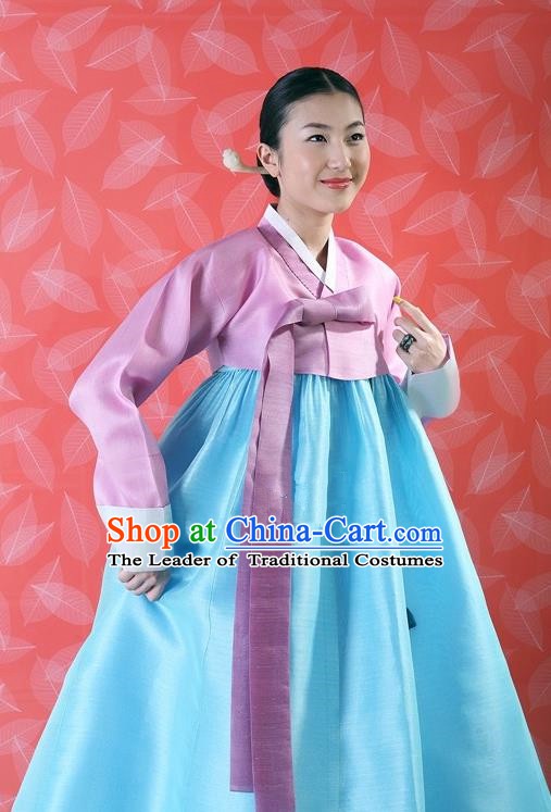 Korean Traditional Bride Palace Hanbok Clothing Pink Blouse and Blue Dress Korean Fashion Apparel Costumes for Women