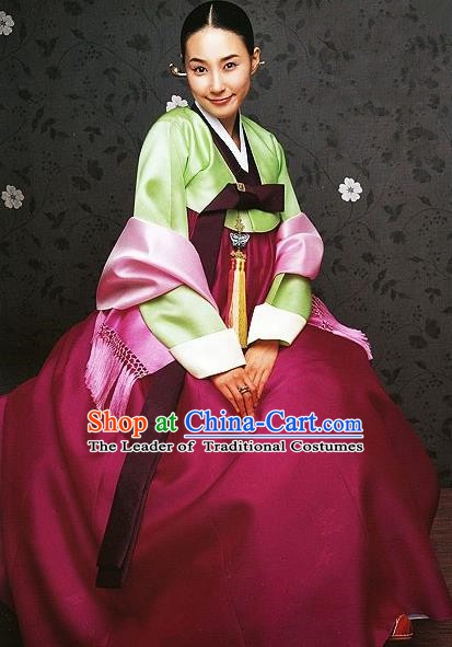 Korean Traditional Palace Clothing Hanbok Fashion Apparel Green Blouse and Wine Red Dress for Women