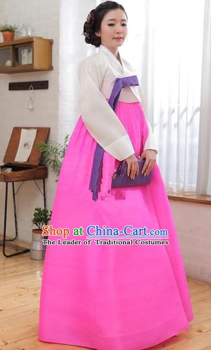 Korean Traditional Palace Garment Hanbok Fashion Apparel Costume White Blouse and Pink Dress for Women
