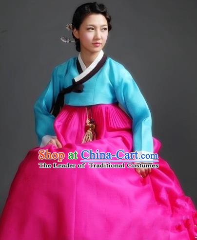 Korean Traditional Palace Garment Hanbok Fashion Apparel Costume Blue Blouse and Rosy Dress for Women