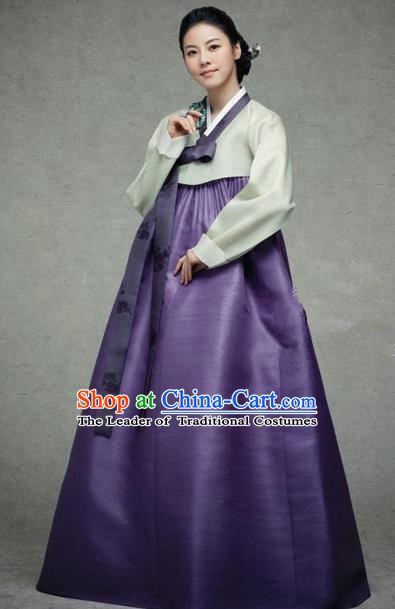 Korean Traditional Palace Garment Hanbok Fashion Apparel Costume Green Blouse and Purple Dress for Women