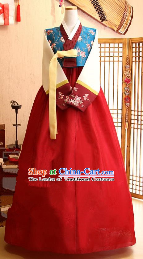 Korean Traditional Palace Garment Hanbok Fashion Apparel Costume Blue Blouse and Red Dress for Women