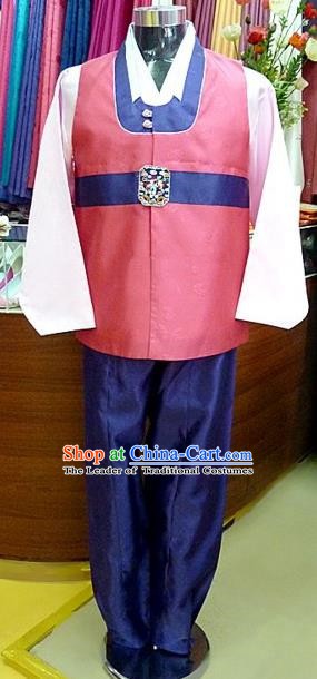 Asian Korean Traditional Hanbok Clothing Ancient Korean Pink Shirt and Navy Pants Costume for Men