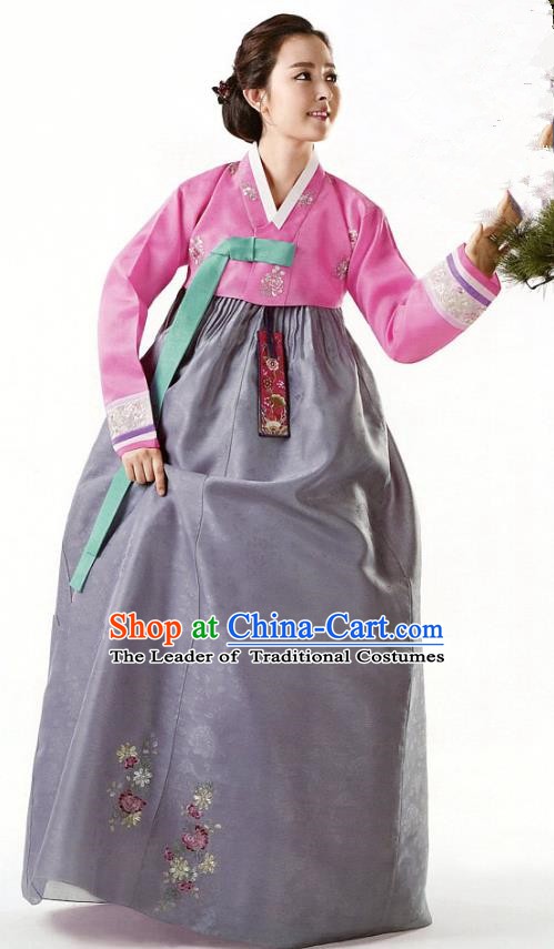 Korean Traditional Garment Palace Hanbok Pink Blouse and Grey Dress Fashion Apparel Bride Costumes for Women