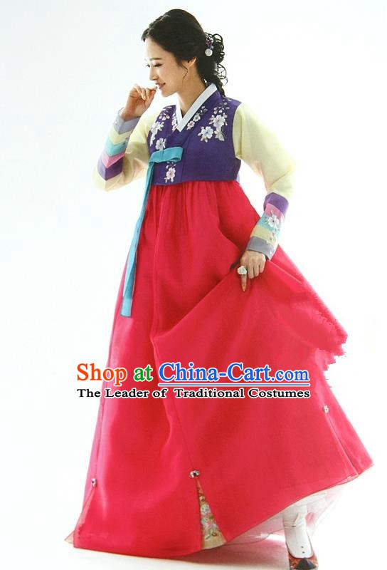 Korean Traditional Garment Palace Hanbok Purple Blouse and Red Dress Fashion Apparel Bride Costumes for Women