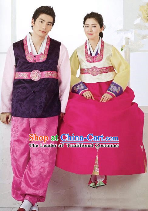 Asian Korean Traditional Palace Hanbok Wedding Clothing Ancient Korean Bride and Bridegroom Costumes Complete Set