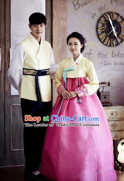Asian Korean Traditional Palace Hanbok Couple Clothing Ancient Korean Bride and Bridegroom Costumes Complete Set