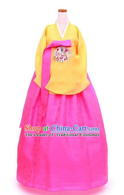 Korean Traditional Handmade Palace Hanbok Yellow Blouse and Rosy Dress Fashion Apparel Bride Costumes for Women