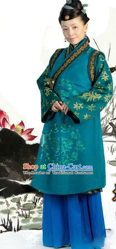 Ancient Chinese Ming Dynasty Historical Costume Dowager Countess Green Replica Costume for Women