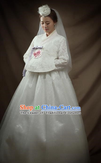 Top Grade Korean Palace Hanbok Bride Traditional White Lace Blouse and Dress Fashion Apparel Costumes for Women