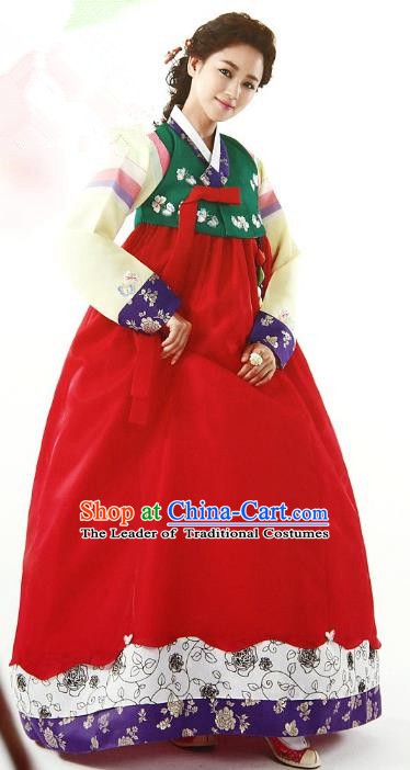 Top Grade Korean Palace Hanbok Traditional Green Blouse and Red Dress Fashion Apparel Costumes for Women