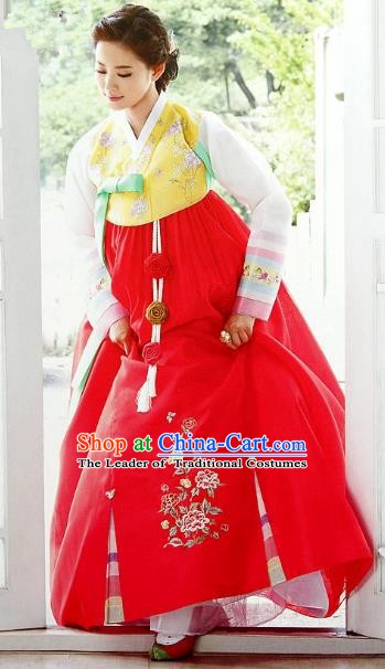 Top Grade Korean Palace Hanbok Traditional Yellow Blouse and Red Dress Fashion Apparel Costumes for Women