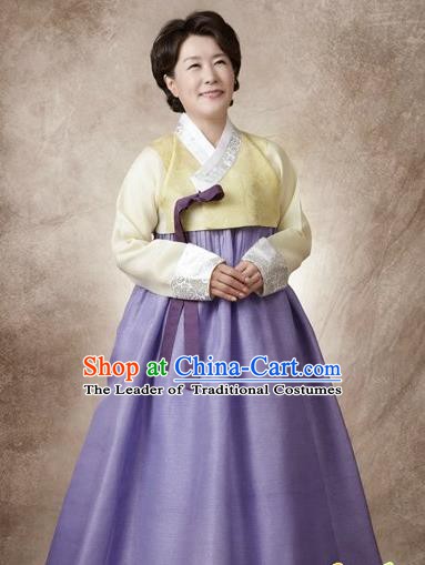 Top Grade Korean Hanbok Traditional Yellow Blouse and Lilac Dress Fashion Apparel Costumes for Women