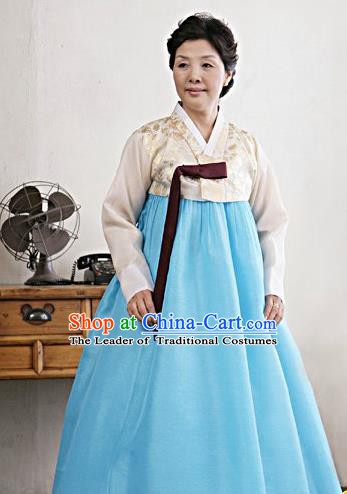 Top Grade Korean Traditional Hanbok Embroidered White Blouse and Blue Dress Fashion Apparel Costumes for Women