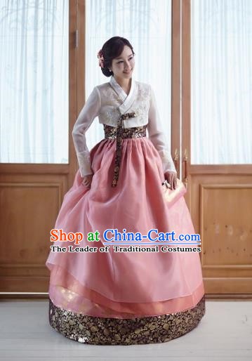 Top Grade Korean Traditional Hanbok Embroidered White Blouse and Pink Dress Fashion Apparel Costumes for Women