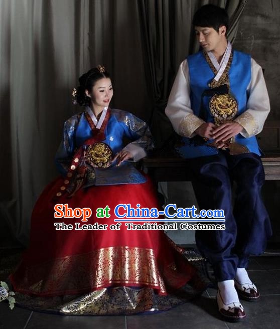 Asian Korean Palace Traditional Wedding Embroidered Hanbok Ancient Korean Bride and Bridegroom Costumes Complete Set