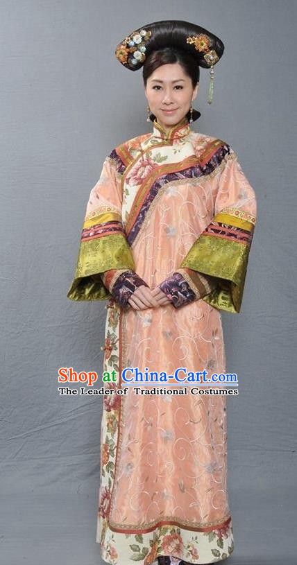 Chinese Ancient Qing Dynasty Manchu Imperial Concubine Hua Embroidered Dress Costume for Women