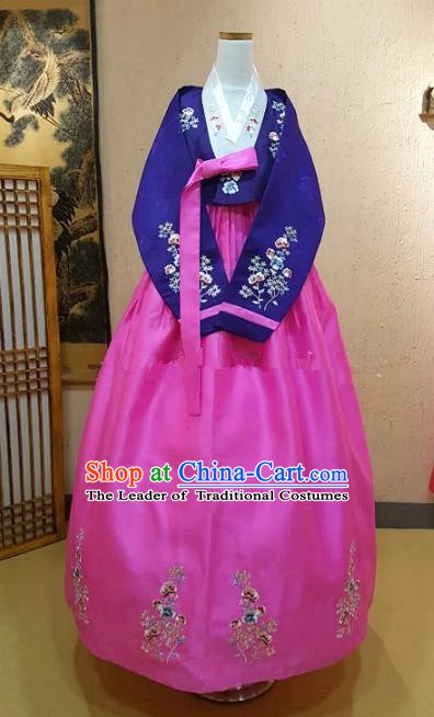 Top Grade Korean Hanbok Traditional Bride Purple Blouse and Pink Dress Fashion Apparel Costumes for Women