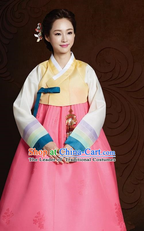 Top Grade Korean Hanbok Traditional Yellow Blouse and Pink Dress Fashion Apparel Costumes for Women