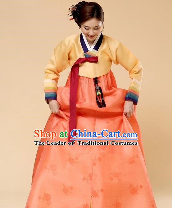 Top Grade Korean Hanbok Traditional Yellow Blouse and Orange Dress Fashion Apparel Costumes for Women