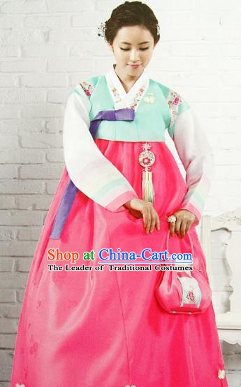 Top Grade Korean Hanbok Traditional Green Blouse and Rosy Dress Fashion Apparel Costumes for Women