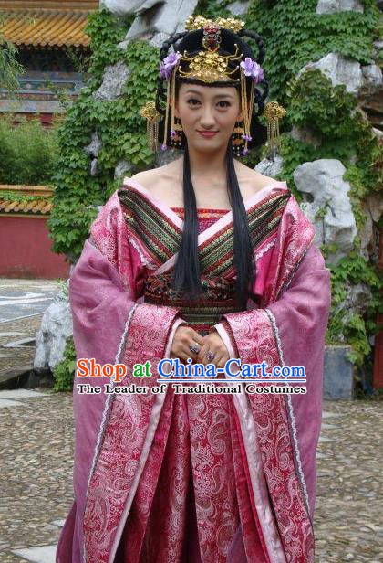 Ancient Chinese Ming Dynasty Empress Tailing Embroidered Historical Costume and Headpiece Complete Set for Women