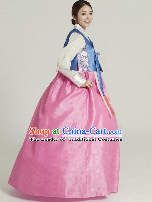 Korean Traditional Hanbok Blue Blouse and Pink Dress Ancient Formal Occasions Fashion Apparel Costumes for Women