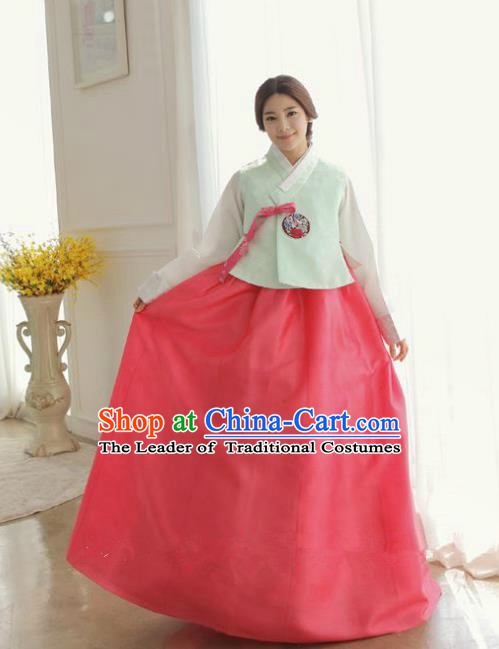 Korean Traditional Hanbok Green Blouse and Red Dress Ancient Formal Occasions Fashion Apparel Costumes for Women