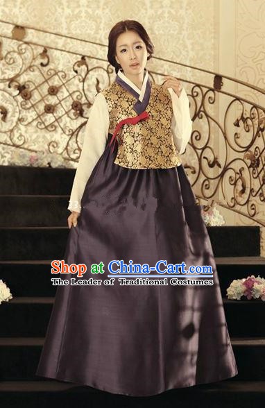 Korean Traditional Hanbok Blouse and Deep Purple Dress Ancient Formal Occasions Fashion Apparel Costumes for Women