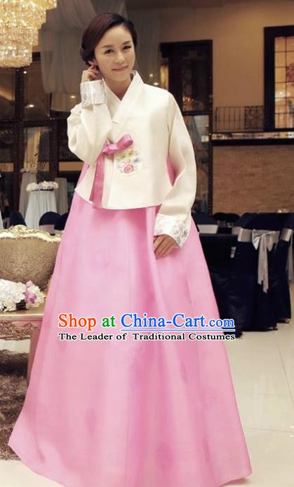 Korean Traditional Hanbok White Blouse and Pink Dress Ancient Formal Occasions Fashion Apparel Costumes for Women