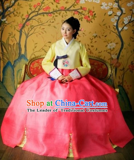 Korean Traditional Hanbok Bride Yellow Blouse and Red Dress Ancient Formal Occasions Fashion Apparel Costumes for Women