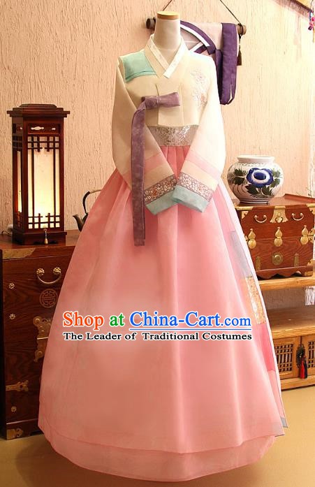 Korean Traditional Hanbok Bride Beige Blouse and Pink Dress Ancient Formal Occasions Fashion Apparel Costumes for Women