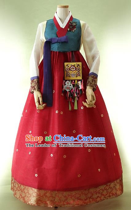 Korean Traditional Bride Hanbok Atrovirens Blouse and Red Embroidered Dress Ancient Formal Occasions Fashion Apparel Costumes for Women