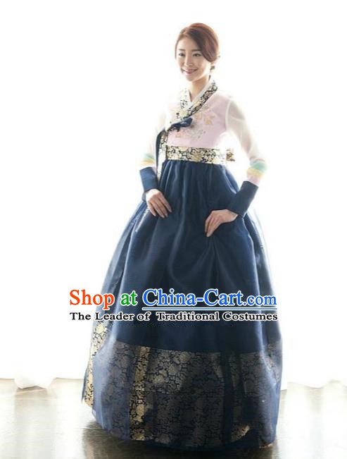 Korean Traditional Bride Hanbok Pink Blouse and Navy Embroidered Dress Ancient Formal Occasions Fashion Apparel Costumes for Women