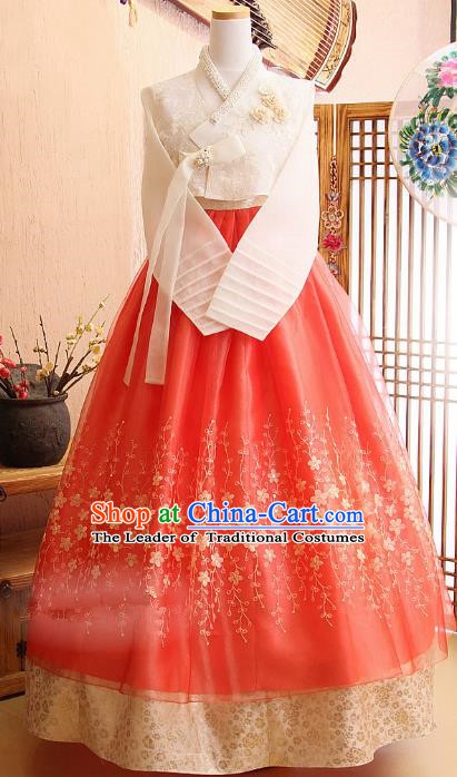 Korean Traditional Bride Hanbok White Lace Blouse and Red Embroidered Dress Ancient Formal Occasions Fashion Apparel Costumes for Women