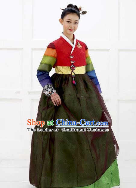 Korean Traditional Bride Hanbok Red Blouse and Green Embroidered Dress Ancient Formal Occasions Fashion Apparel Costumes for Women