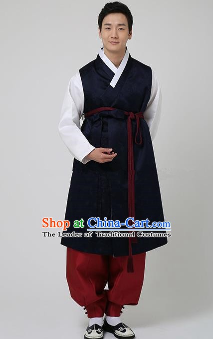 Traditional Korean Costumes Ancient Korean Bridegroom Hanbok Navy Vest and Red Pants for Men