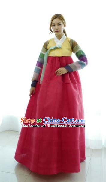 Korean Traditional Bride Hanbok Formal Occasions Yellow Blouse and Red Dress Ancient Fashion Apparel Costumes for Women