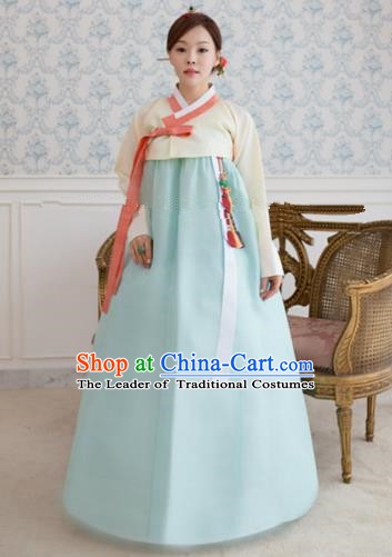 Korean Traditional Bride Hanbok Formal Occasions White Blouse and Light Blue Dress Ancient Fashion Apparel Costumes for Women