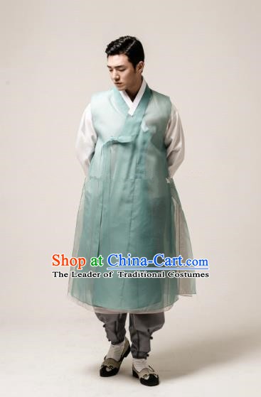 Traditional Korean Costumes Ancient Palace Korean Bridegroom Hanbok Green Vest and Grey Pants for Men